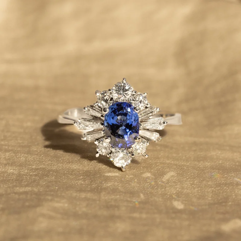 1.34 Carat Oval Natural Ceylon Sapphire Diamond Halo Ballerina Fan Ring