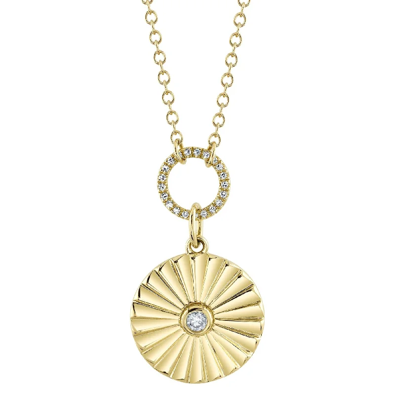 14K Gold 0.10 Carat Diamond Fluted Circle Pendant Necklace