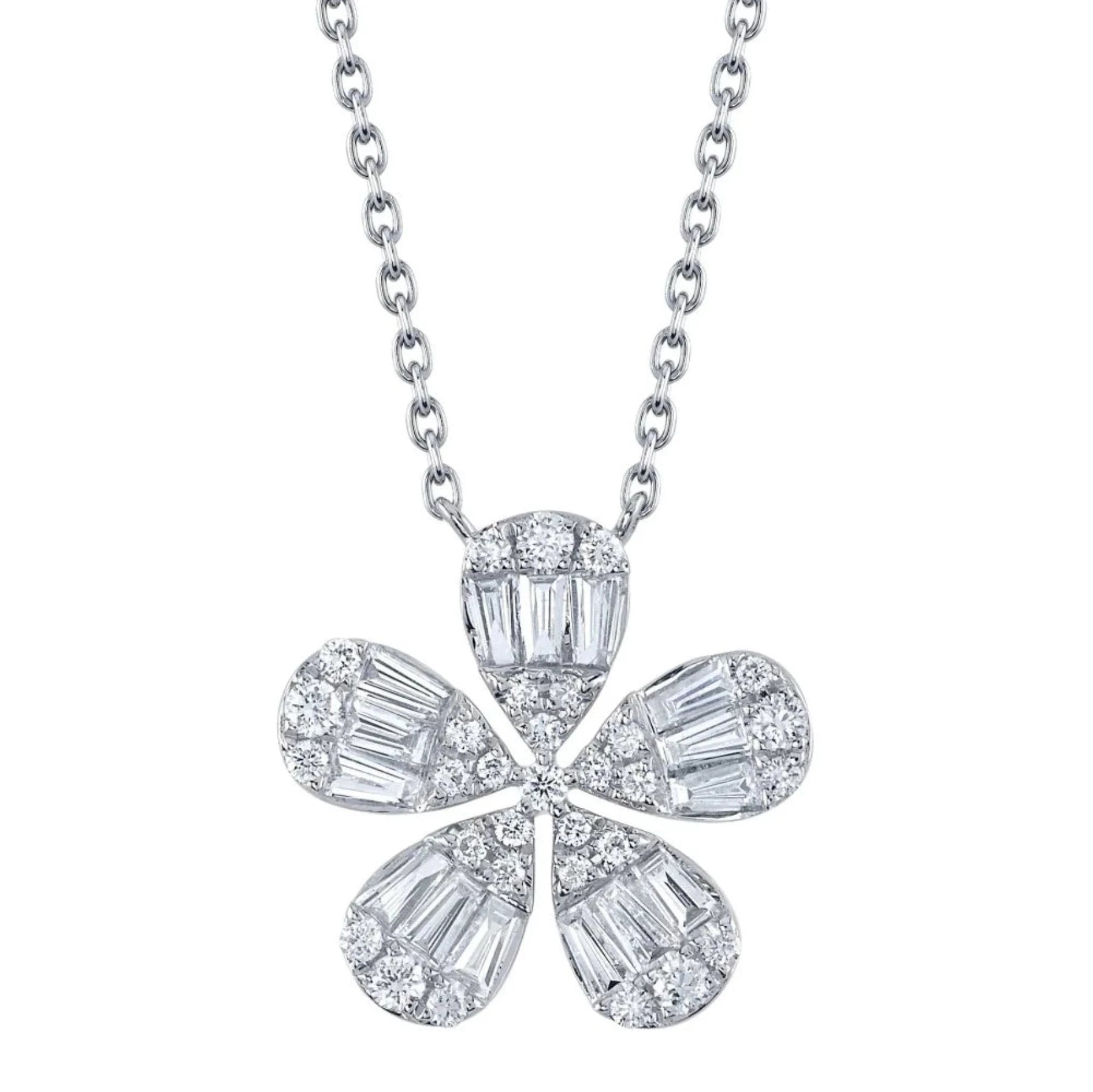 14K White Gold 0.50 Carat Total Weight Diamond Baguette Flower Pendant Necklace