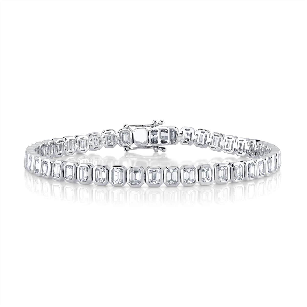 14K White Gold Bezel Set Emerald Cut Diamond Tennis Bracelet