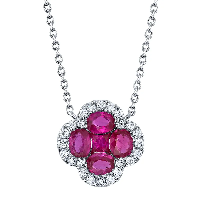 14K Gold Ruby Diamond Clover Pendant Necklace