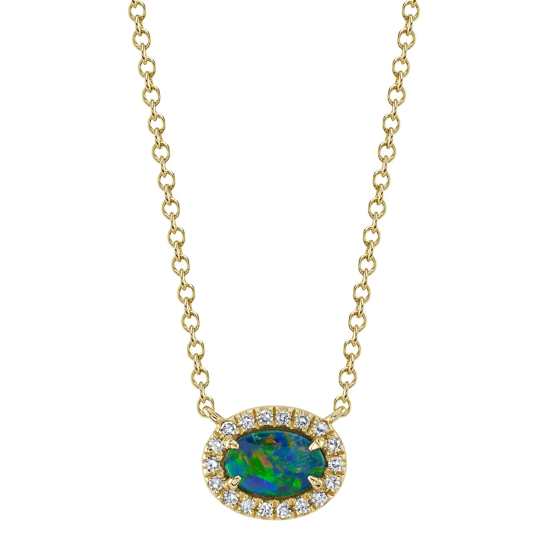 14K Gold 0.33 Carat Opal & Diamond Halo Pendant Necklace