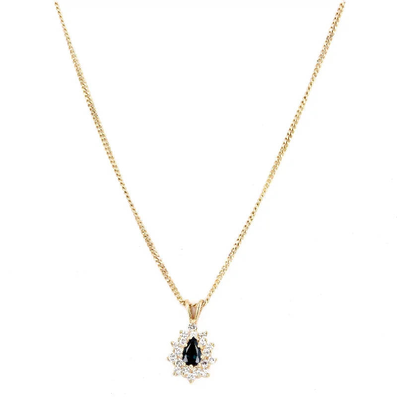 14K Yellow Gold 0.42 Carat Pear Natural Sapphire & Diamond Halo Pendant Necklace