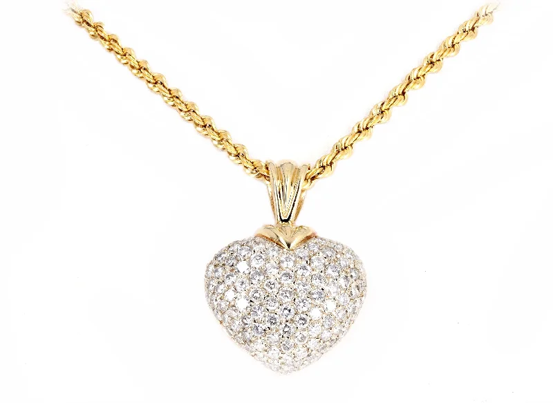 14K Yellow Gold 3.5 Carat Total Weight Round Brilliant Diamond Pave Heart Pendant Necklace