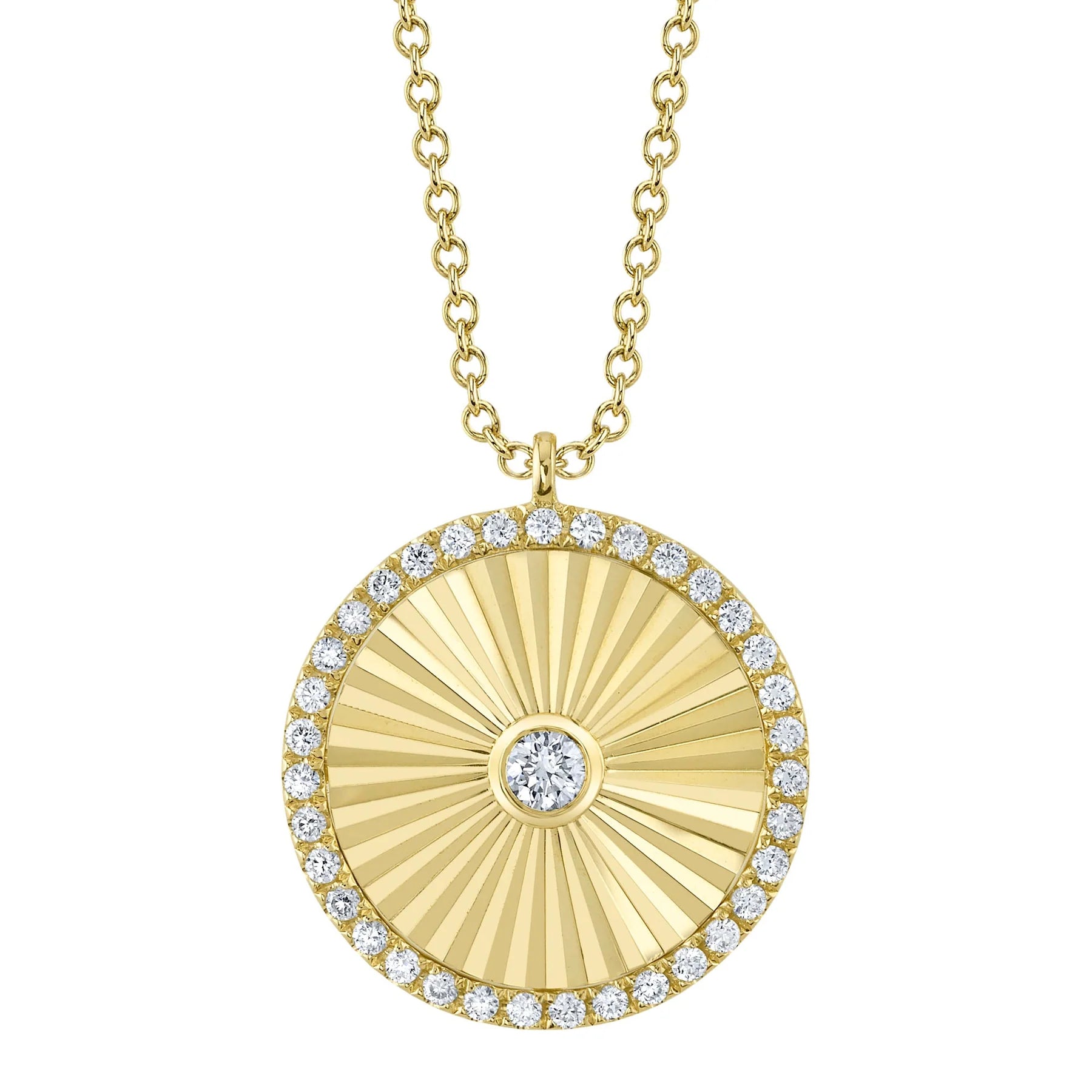 14K Yellow Gold Diamond Fluted Round Pendant Necklace