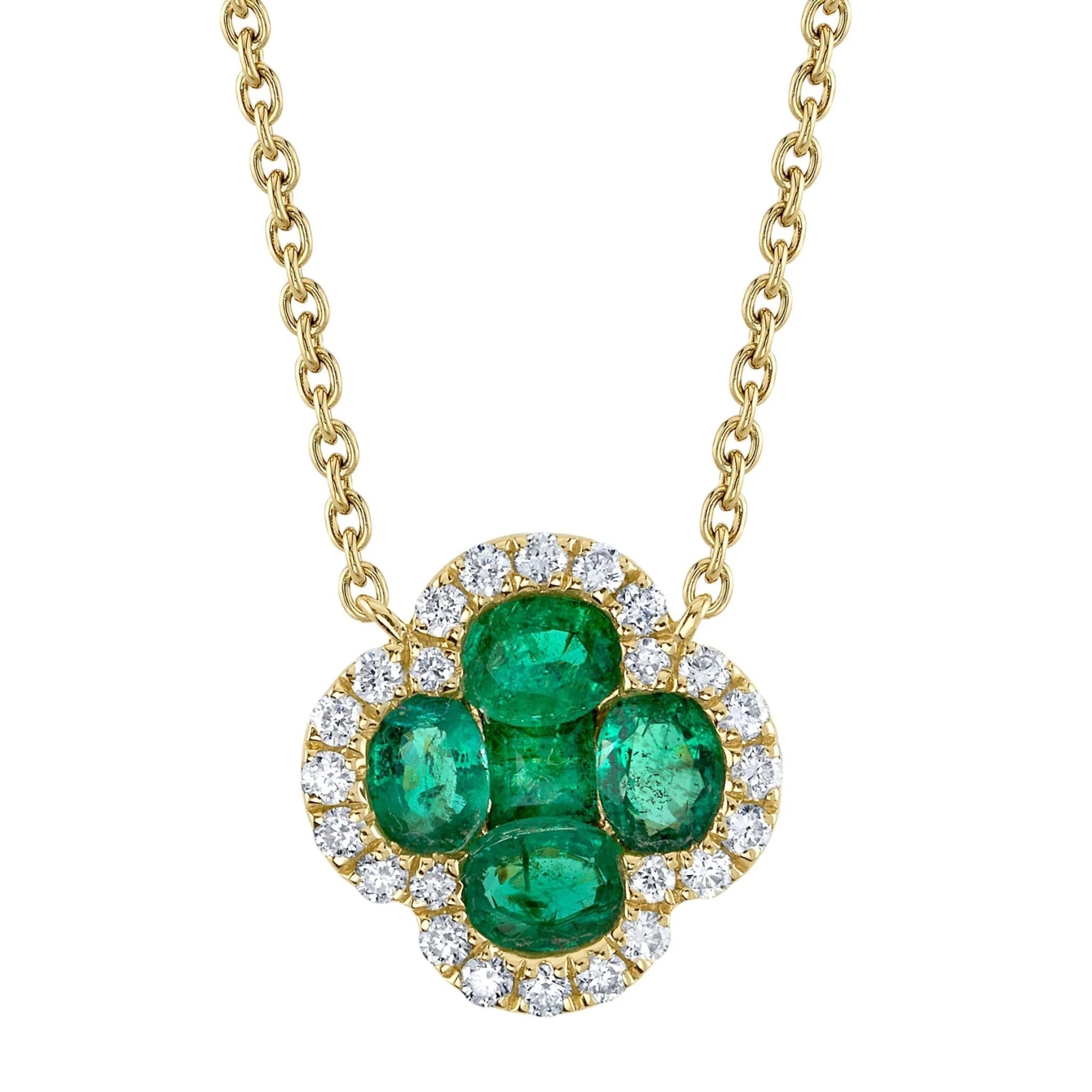 14K Yellow Gold Emerald Diamond Clover Pendant Necklace