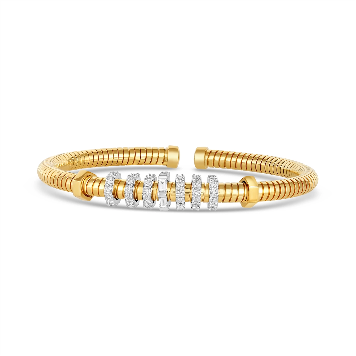 18K Yellow Gold Flexible Cuff Bracelet with White Gold Diamond Rondels