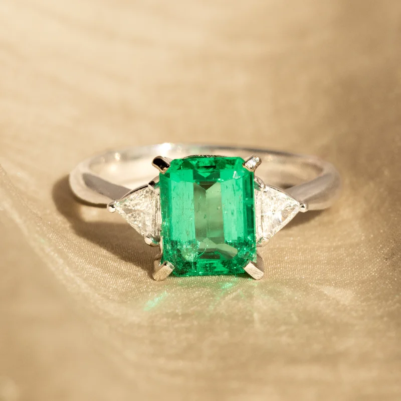 2.07 Carat Natural Emerald Trillion Diamond Three Stone Ring