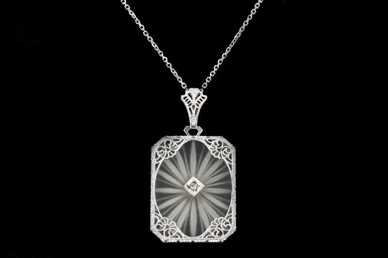 Art Deco 14K White Gold Carved Rock Crystal Diamond Pendant Necklace