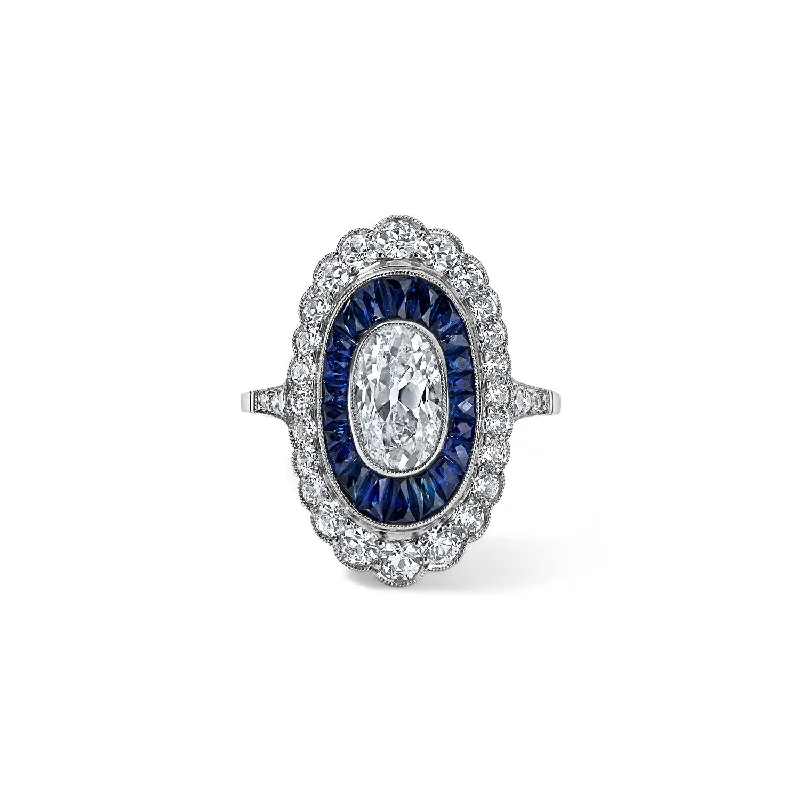 Art Deco Diamond and Blue Sapphire Oval Ring