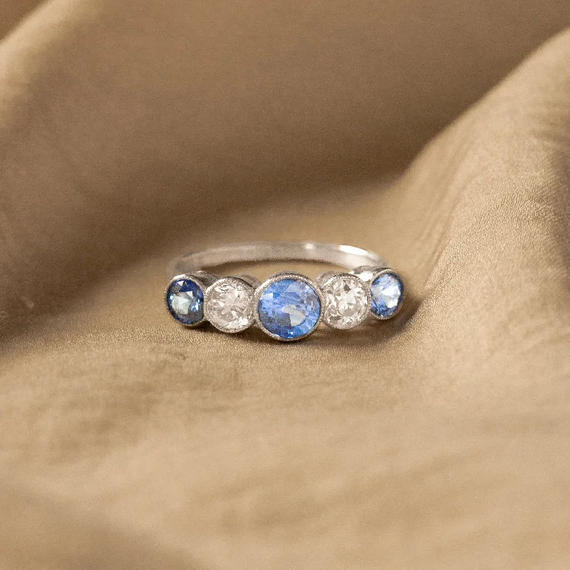 Art Deco Inspired Round Natural Sapphire Diamond Five Stone Bezel Ring