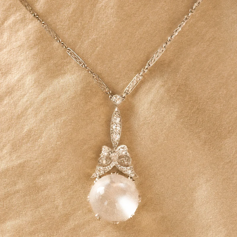 Art Deco Moonstone Diamond Lavalier Pendant Necklace