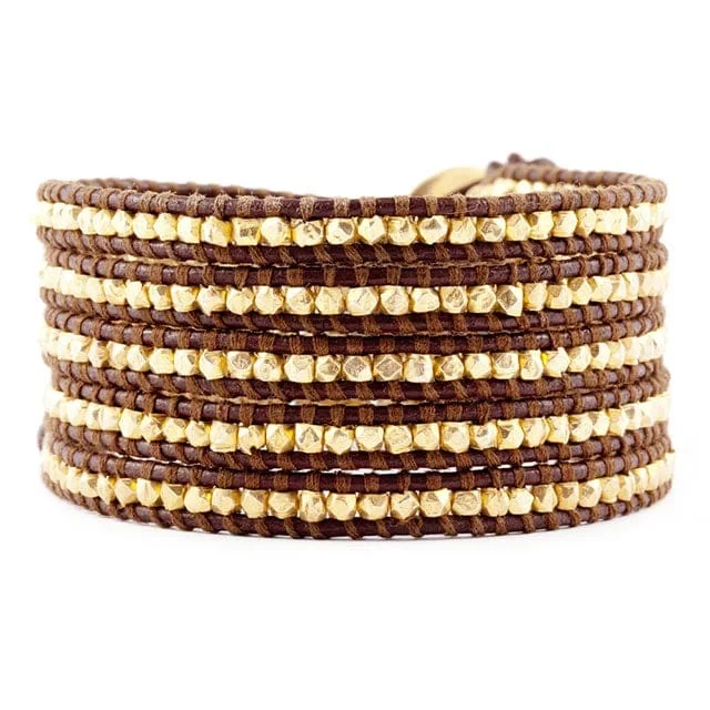 Gold Plated Sterling Silver Wrap Bracelet On Brown Leather