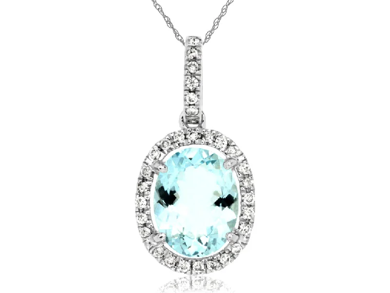 Bremer Jewelry 14K White Gold Oval Shape Aquamarine and Diamond Halo Pendant with a 14K White Gold Rope Necklace (2.28ctw)