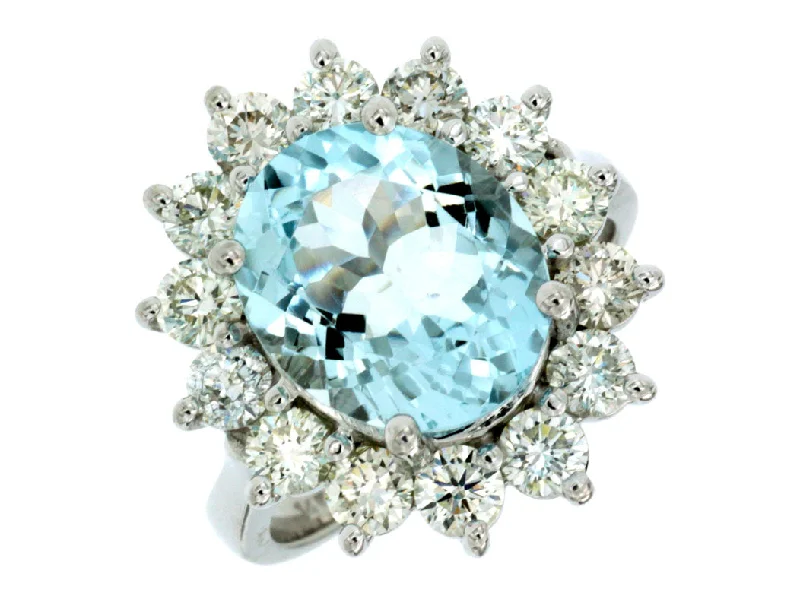 Bremer Jewelry Aquamarine and Diamonds Princess Di Fashion Ring in 14K White Gold (5.90ctw)