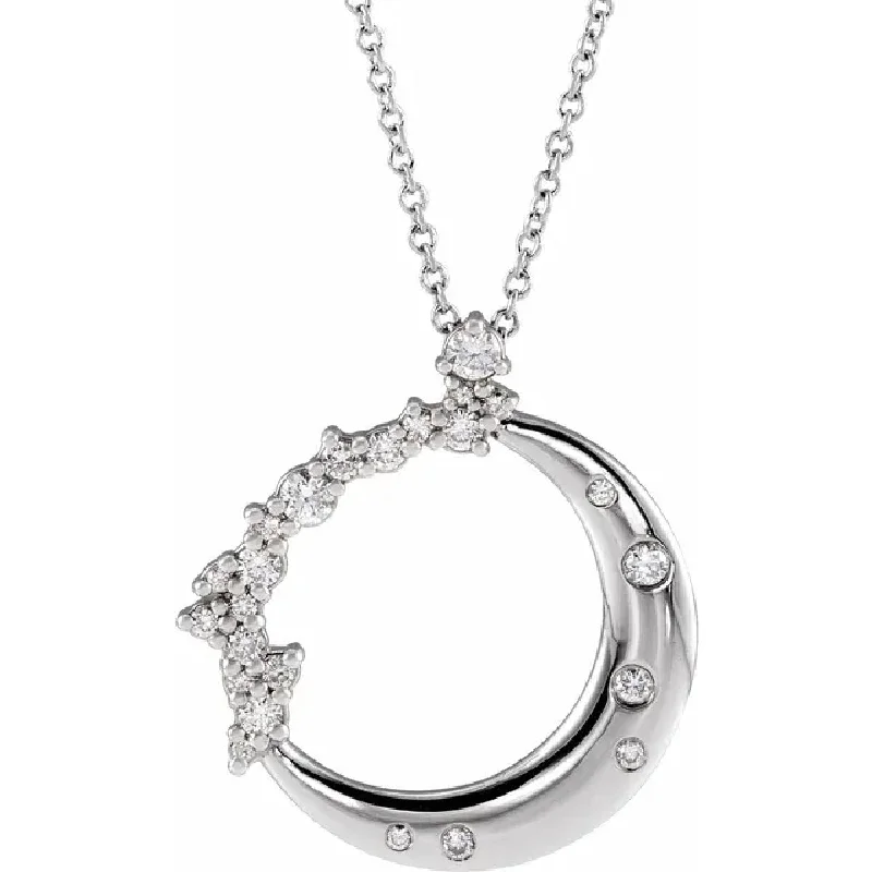 Bremer Jewelry My Brightest Star 14K White Gold 1/4ctw Crescent Moon and Stars Diamond Pendant with a 14K White Gold Cable Link Necklace (0.25ctw)