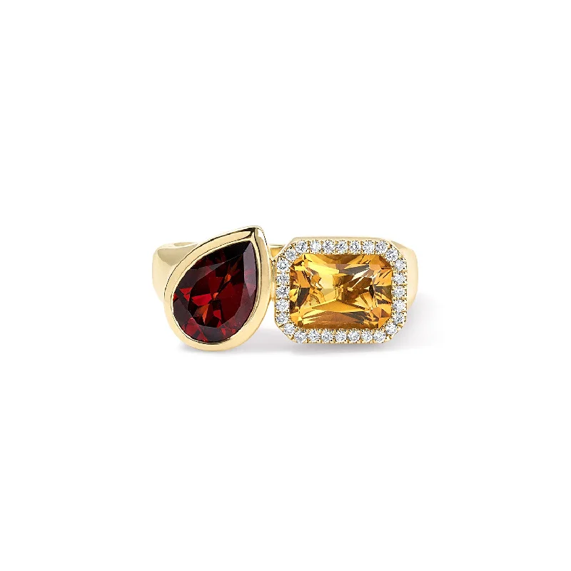 Citrine and Garnet Toi Et Moi Ring with Diamond Halo