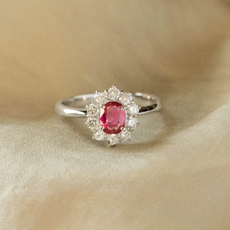 0.60 Carat Oval Natural Ruby Diamond Halo Ring