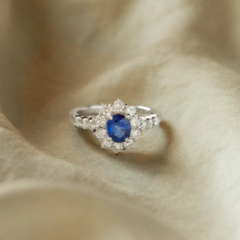 1.16 Carat Oval Natural Sapphire & Diamond Halo Ring