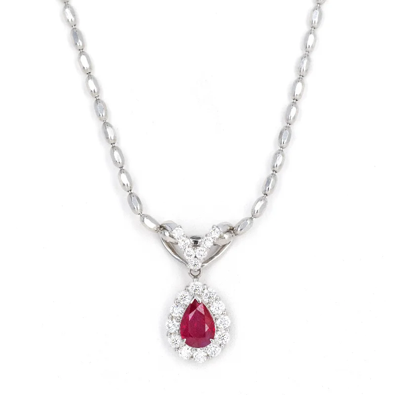 1.53 Carat Pear ''Pigeon's Blood'' Natural Ruby Diamond Halo Pendant Necklace