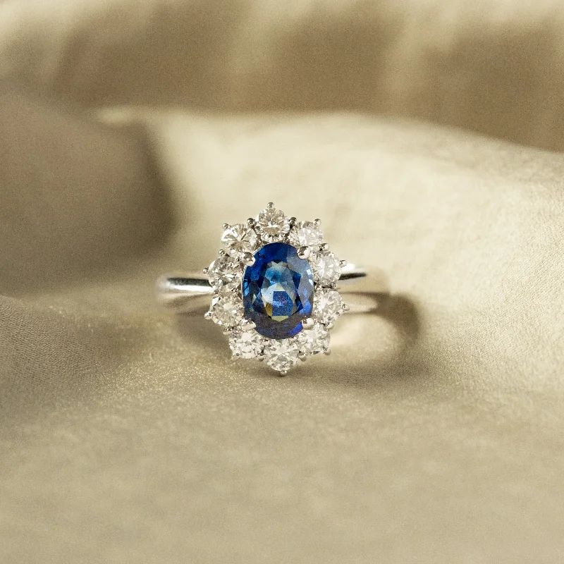 1.78 Carat Oval Natural Sapphire Diamond Halo Ring