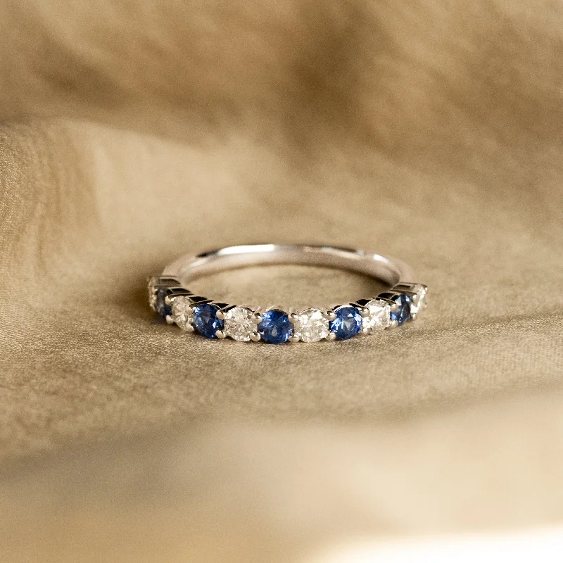 14K White Gold Round Natural Sapphire Diamond Band