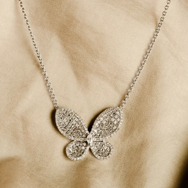 18K White Gold Diamond Carre Butterfly Pendant Necklace