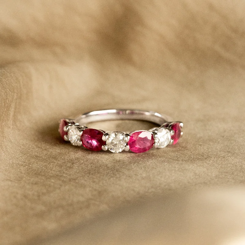 18K White Gold Oval Natural Ruby Round Diamond Band