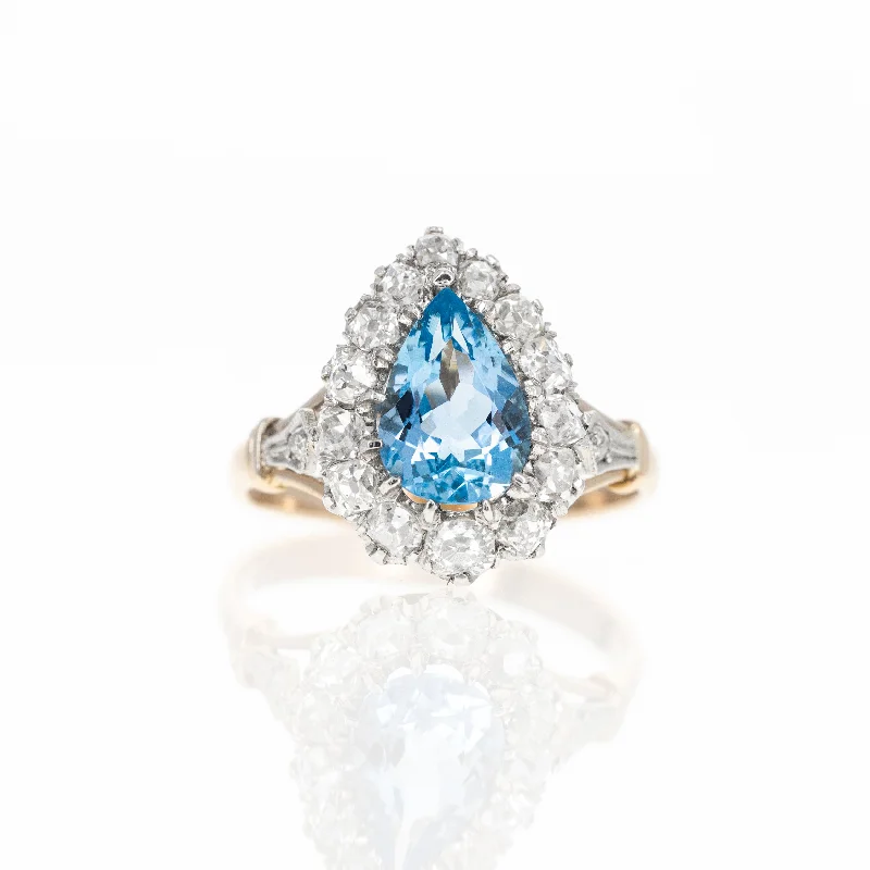 Art Deco Inspired 1.11 Carat Pear Aquamarine Diamond Halo Ring