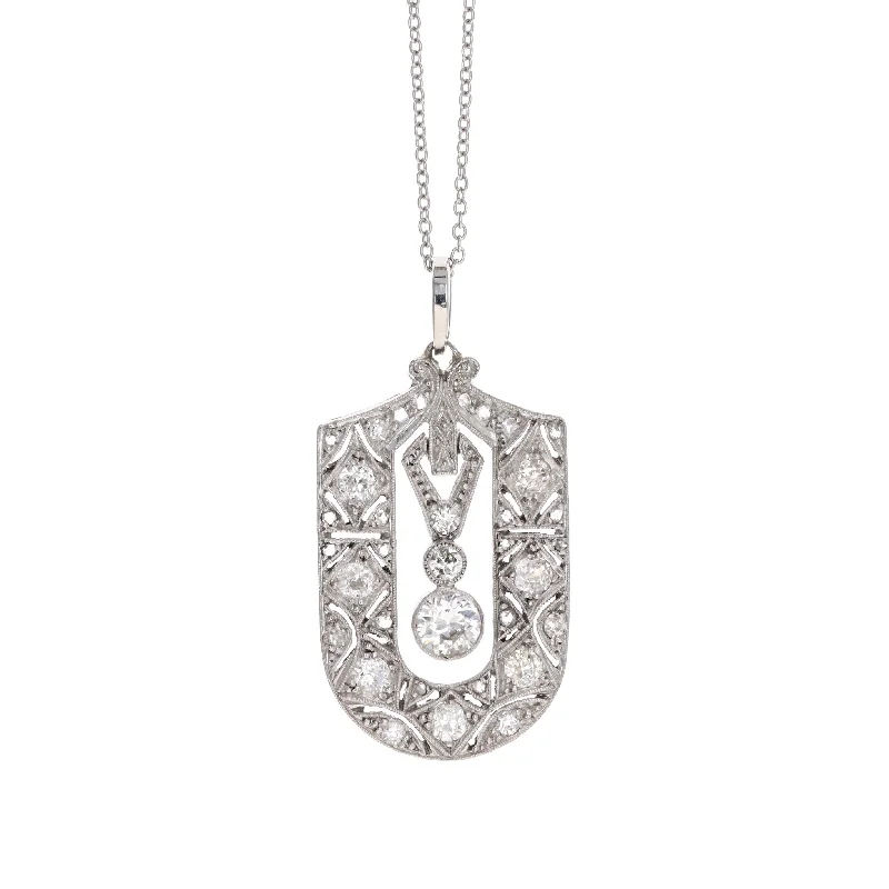 Art Deco Platinum 0.35 Carat Old European Diamond Pendant Necklace