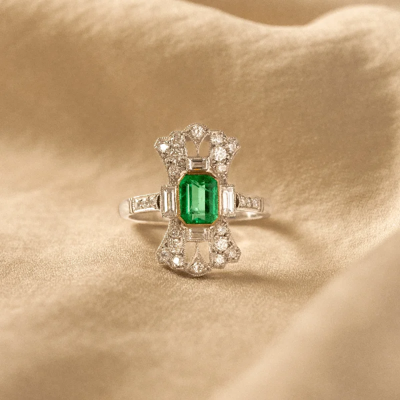 Art Deco Inspired 0.75 Carat Natural Emerald Diamond Ring