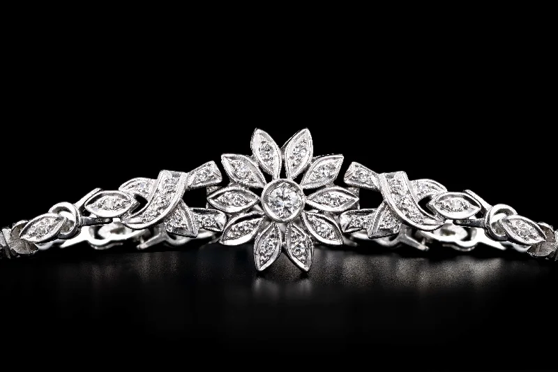 Retro 14K White Gold .30 Carat Diamond Flower Bracelet