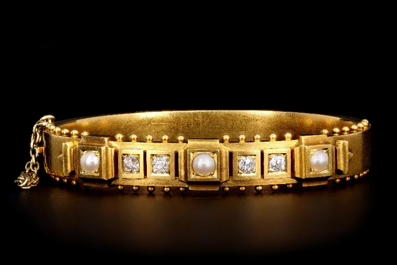 Victorian 18K Yellow Gold Old Mine Cut Diamond & Pearl Bangle Bracelet