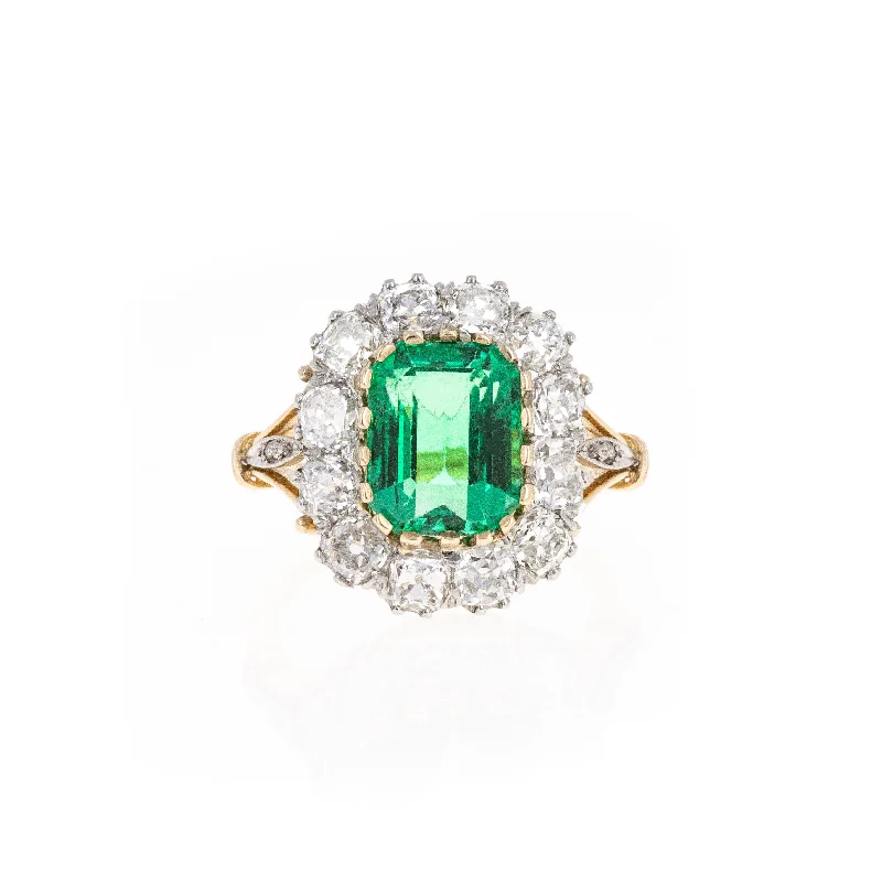 Victorian Inspired 3.68 Carat Natural Emerald Diamond Halo Ring