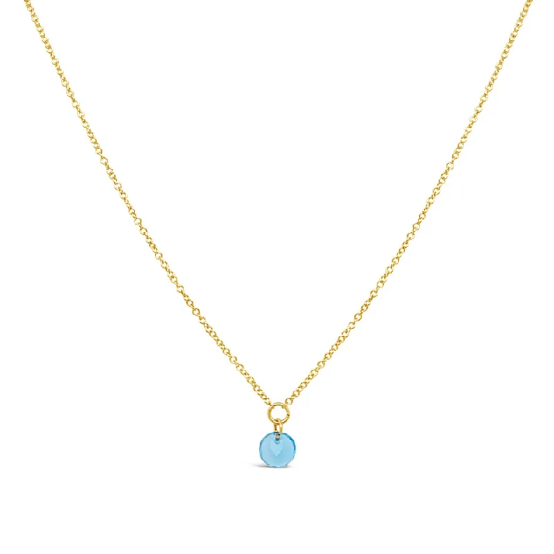 Dee Berkley Round Shape Blue Topaz Solitaire Pendant with a 14K Yellow Gold Cable Link Necklace