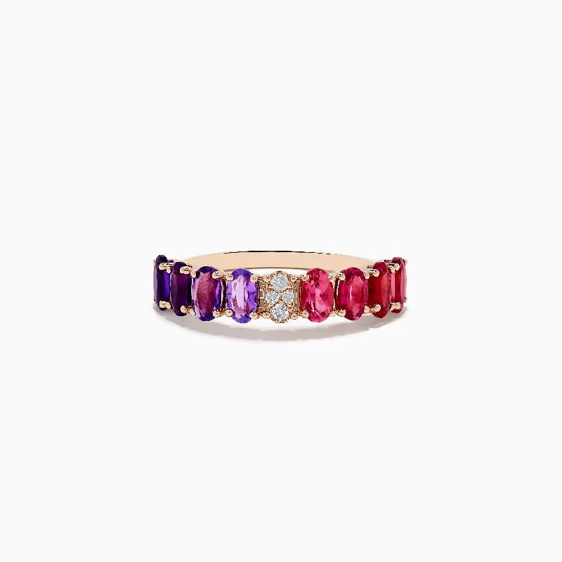 14K Rose Gold Pink Tourmaline, Amethyst, and Diamond Ring