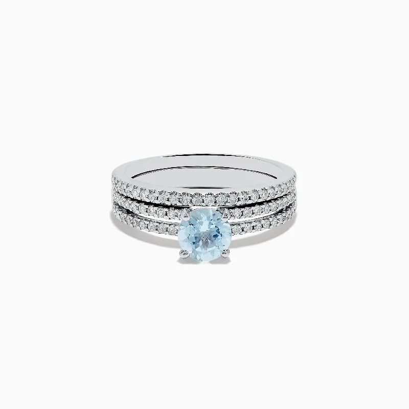 14K White Gold Aquamarine and Diamond Ring and Band Set