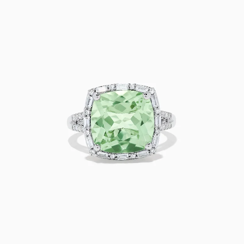 14K White Gold Green Amethyst and Diamond Ring