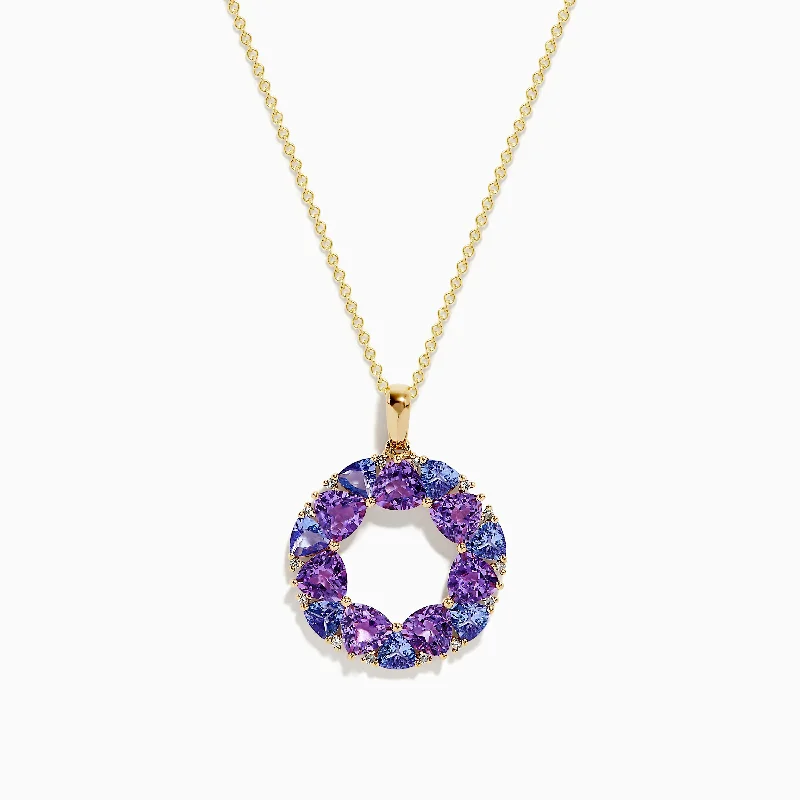 14K Yellow Gold Amethyst, Tanzanite and Diamond Pendant