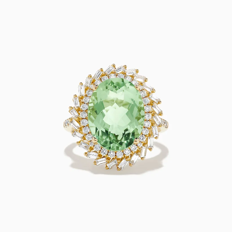 14K Yellow Gold Green Amethyst and Diamond Cocktail Ring