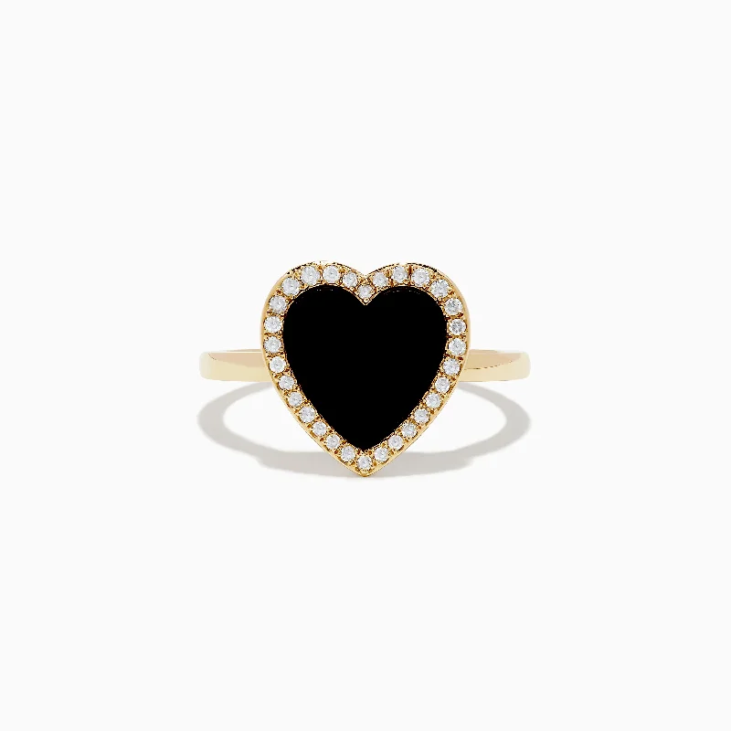 14K Yellow Gold Onyx and Diamond Heart Ring