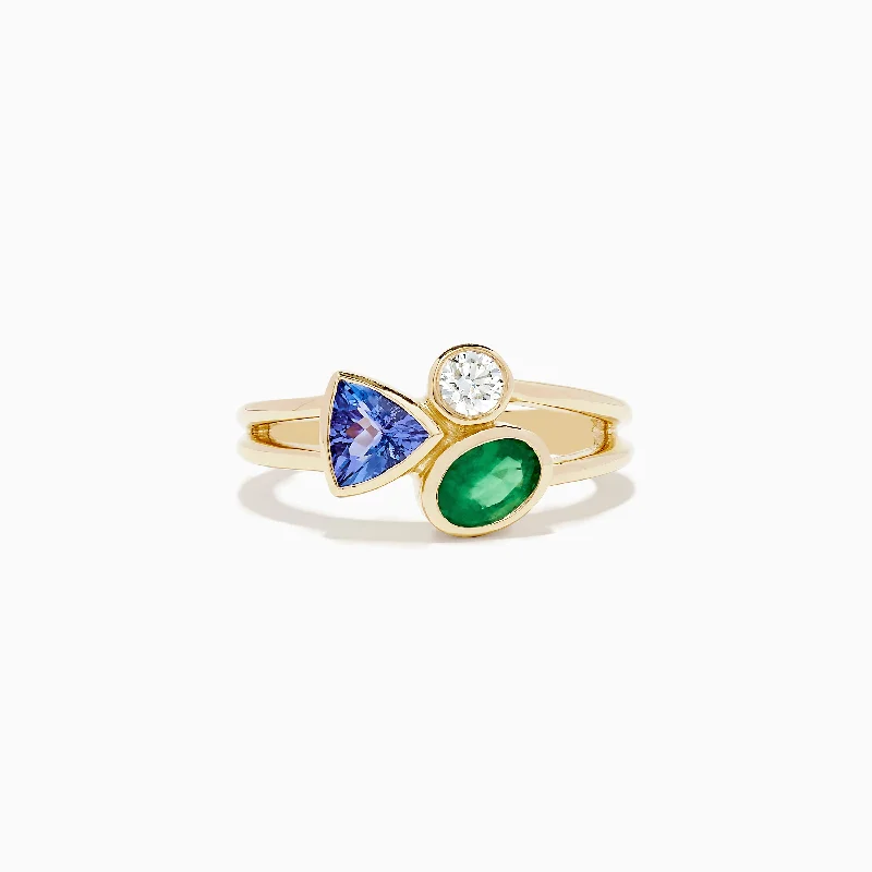 14K Yellow Gold Tri Stone Diamond, Emerald and Tanzanite Ring