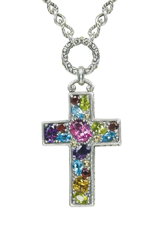 925 Cross Pendant with Multi Color Gemstones