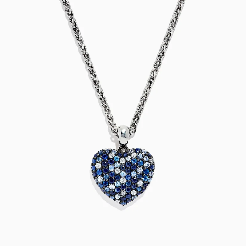 925 Sterling Silver Blue Sapphire Splash Heart Pendant, 2.75 TCW