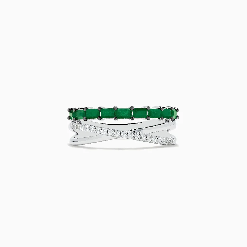 Brasilica 14K White Gold Emerald and Diamond Crossover Ring