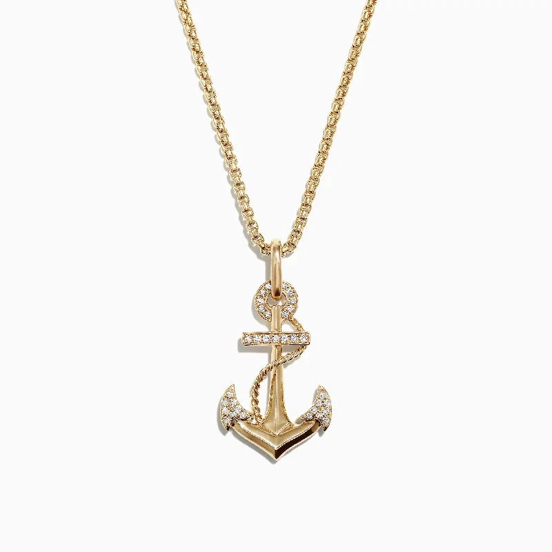 Mens 14K Yellow Gold Diamond Anchor Pendant, 0.18 TCW