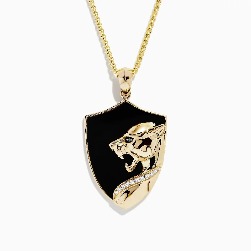 Men's 14K Yellow Gold Onyx and Diamond Panther Pendant, 15.10 TCW