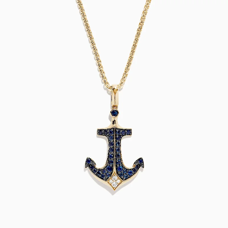 Men's 14K Yellow Gold Sapphire and Diamond Anchor Pendant, 0.96 TCW