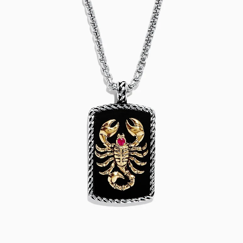 Men's Silver & 14K Gold Plating Onyx & Ruby Scorpion Pendant, 16.50 TW