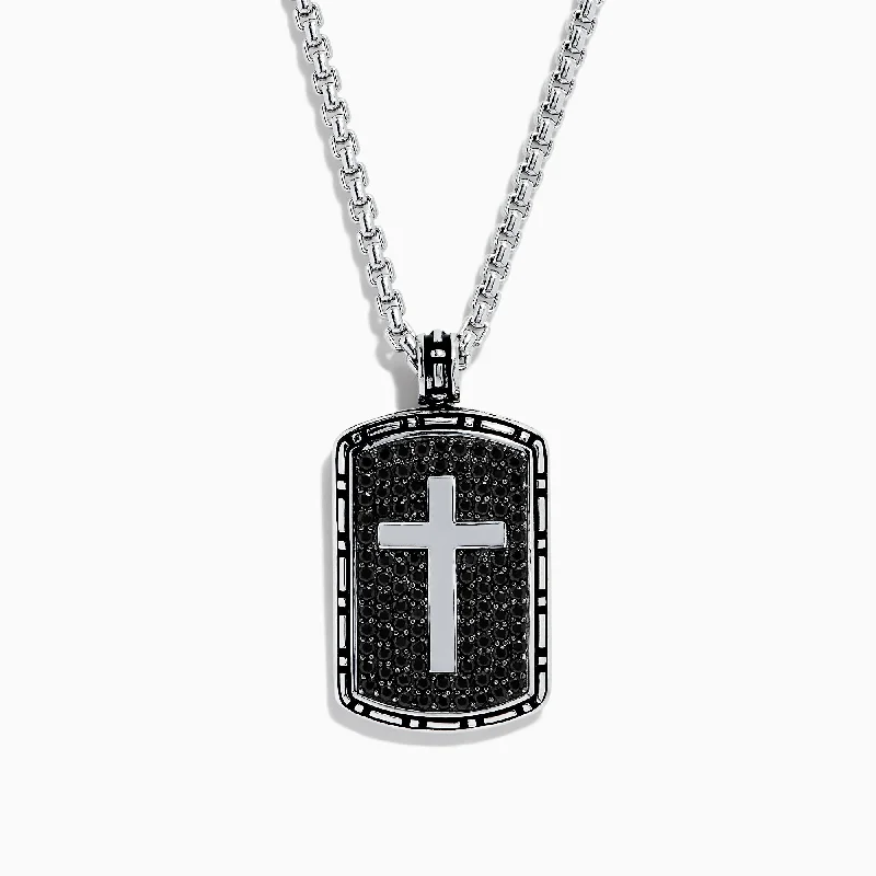 Men's Sterling Silver Black Sapphire Cross Dog Tag Pendant, 1.87 TCW